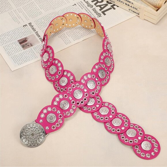 Women Vintage Disc Waist Concho Leather Belt Boho Waist Belt Rose Red Silver main image 7